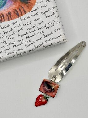 NEW Haricot Vert Hair Clip with Two Charms - Eye & Strawberry with Box Handmade